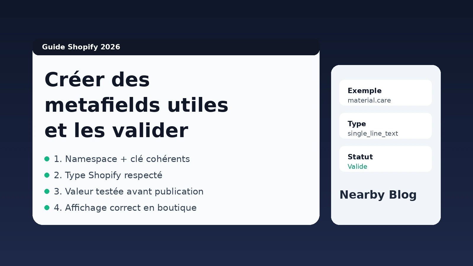 Checklist visuelle pour créer et valider des metafields Shopify
