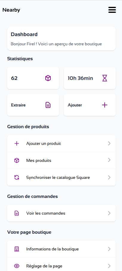 Aperçu mobile du dashboard Nearby